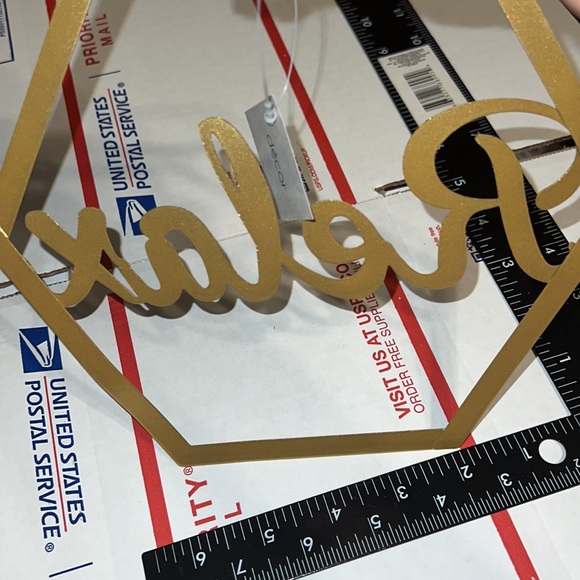 New Hexagon “Relax” Script Antiqued Golden Thin Metal Hanging Décor - Picture 6 of 6